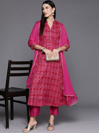 Pink Cotton Blend Bandhani Print & Embroidered Anarkali Kurta with Solid Silk Blend Bottom & Silk Chiffon Dupatta