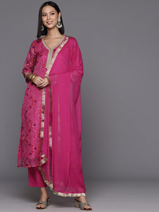 Pink Cotton Blend Bandhani Print Suit Set with Silk Chiffon Dupatta