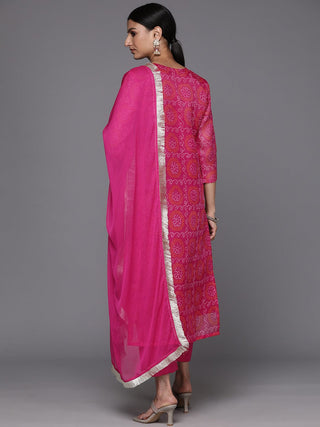 Pink Cotton Blend Bandhani Print & Gota Yoke Embroidery Detailing Suit Set with Silk Chiffon Dupatta