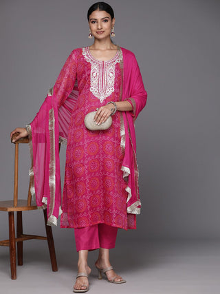 Pink Cotton Blend Bandhani Print & Gota Yoke Embroidery Detailing Suit Set with Silk Chiffon Dupatta