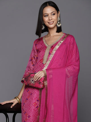 Pink Cotton Blend Bandhani Print Suit Set with Silk Chiffon Dupatta