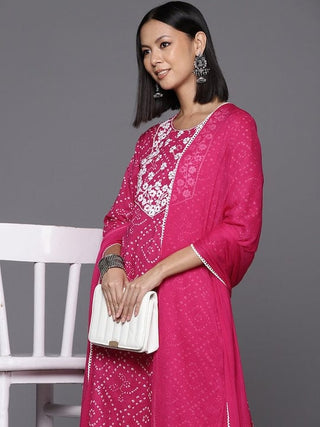 Pink Cotton Bandhani Print & Embroidered Straight Shape Suit Set with Silk Chiffon Dupatta