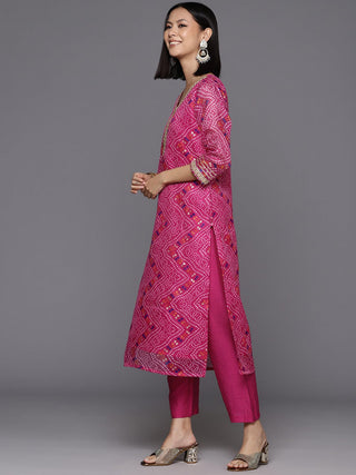 Pink Cotton Blend Bandhani Print Suit Set with Silk Chiffon Dupatta