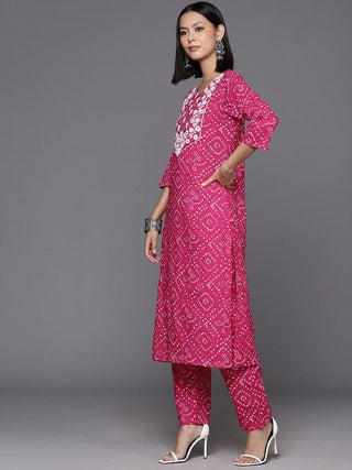 Pink Cotton Bandhani Print & Embroidered Straight Shape Suit Set with Silk Chiffon Dupatta