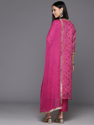 Pink Cotton Blend Bandhani Print Suit Set with Silk Chiffon Dupatta