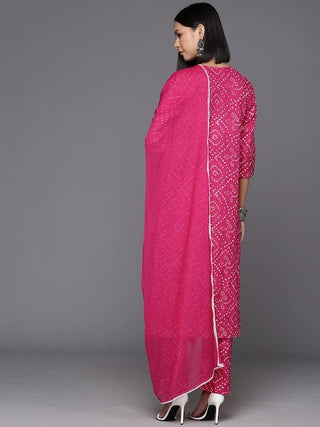 Pink Cotton Bandhani Print & Embroidered Straight Shape Suit Set with Silk Chiffon Dupatta