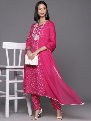 Pink Cotton Bandhani Print & Embroidered Straight Shape Suit Set with Silk Chiffon Dupatta