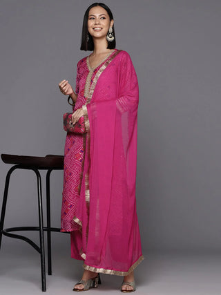 Pink Cotton Blend Bandhani Print Suit Set with Silk Chiffon Dupatta