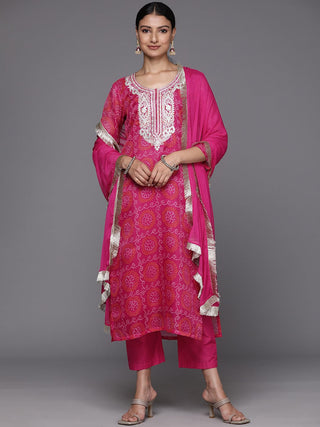 Pink Cotton Blend Bandhani Print & Gota Yoke Embroidery Detailing Suit Set with Silk Chiffon Dupatta