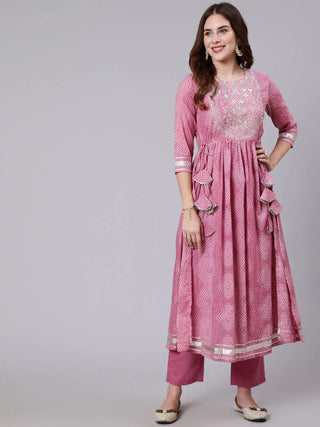 Pink Pure Cotton Bandhani Print & Embroidered Suit Set with Dupatta