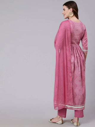 Pink Pure Cotton Bandhani Print & Embroidered Suit Set with Dupatta