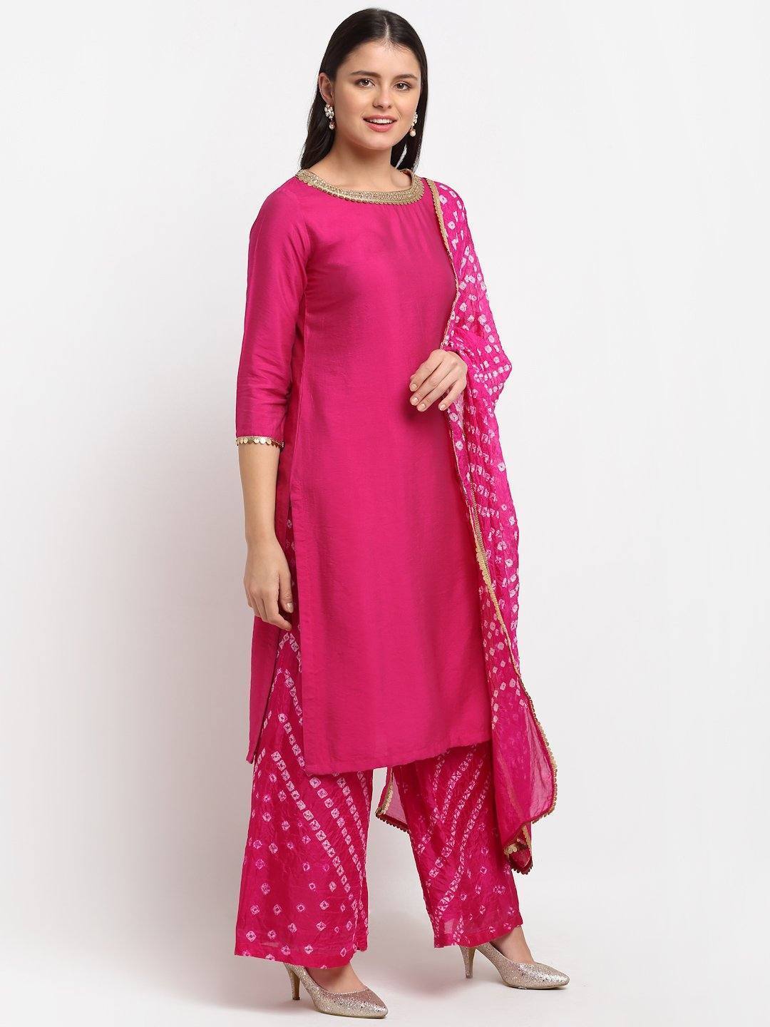 Fuchsia Cotton Bandhani Print Anarkali Suit Set with Dupatta at Soch