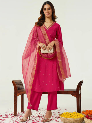 Pink Chanderi Self Designed Suit Set with Jacquard Dupatta