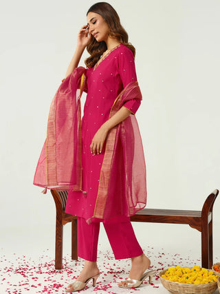 Pink Chanderi Self Designed Suit Set with Jacquard Dupatta