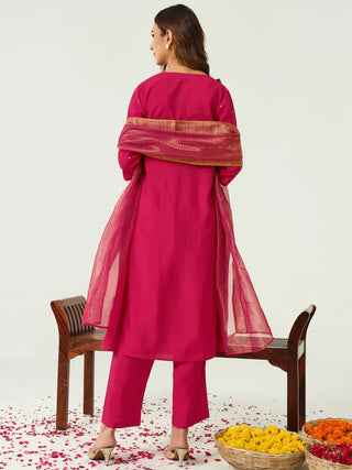 Pink Chanderi Self Designed Suit Set with Jacquard Dupatta