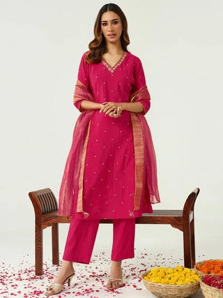 Pink Chanderi Self Designed Suit Set with Jacquard Dupatta