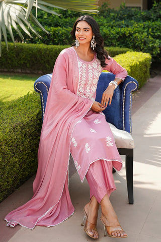 Pink Cotton Blend Floral Embroidered Suit Set with Dupatta