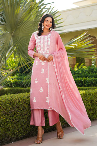 Pink Cotton Blend Floral Embroidered Suit Set with Dupatta