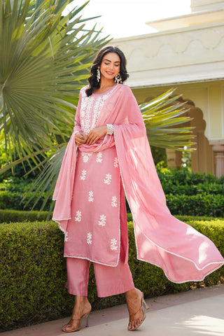 Pink Cotton Blend Floral Embroidered Suit Set with Dupatta