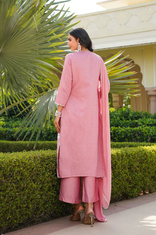 Pink Cotton Blend Floral Embroidered Suit Set with Dupatta