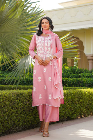 Pink Cotton Blend Floral Embroidered Suit Set with Dupatta