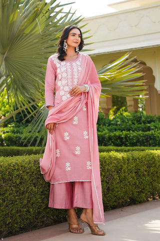 Pink Cotton Blend Floral Embroidered Suit Set with Dupatta