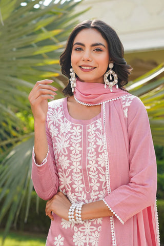 Pink Cotton Blend Floral Embroidered Suit Set with Dupatta