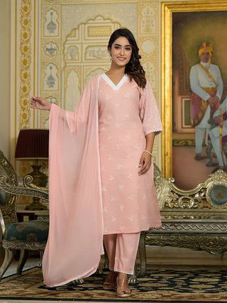 Pink Cotton Blend Embroidered Chikankari Suit Set with Printed Dupatta