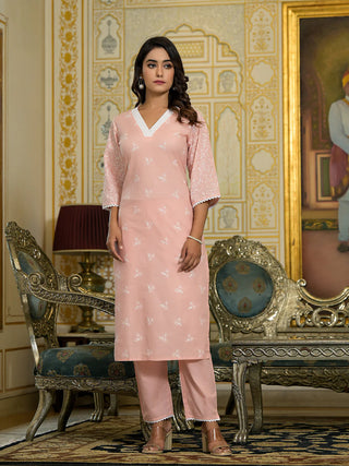 Pink Cotton Blend Embroidered Chikankari Suit Set with Printed Dupatta