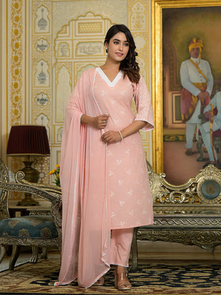 Pink Cotton Blend Embroidered Chikankari Suit Set with Printed Dupatta