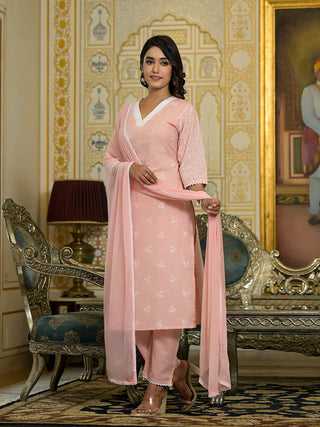 Pink Cotton Blend Embroidered Chikankari Suit Set with Printed Dupatta