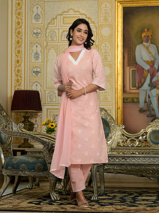 Pink Cotton Blend Embroidered Chikankari Suit Set with Printed Dupatta