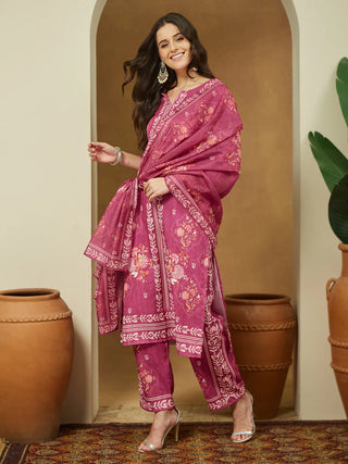 Pink Cotton Blend Floral Print Suit Set with Chanderi Blend Dupatta