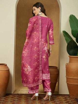 Pink Cotton Blend Floral Print Suit Set with Chanderi Blend Dupatta