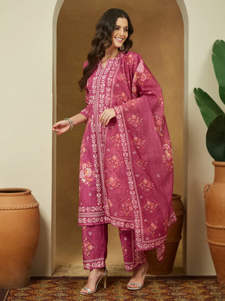 Pink Cotton Blend Floral Print Suit Set with Chanderi Blend Dupatta