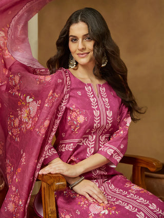 Pink Cotton Blend Floral Print Suit Set with Chanderi Blend Dupatta