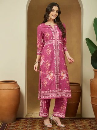 Pink Cotton Blend Floral Print Suit Set with Chanderi Blend Dupatta