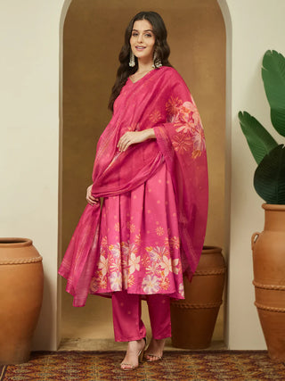 Pink Cotton Floral Print Anarkali Shape Suit Set with Chanderi Blend Dupatta