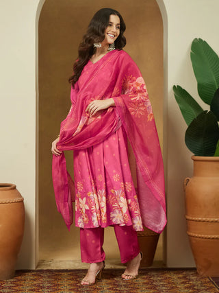 Pink Cotton Floral Print Anarkali Shape Suit Set with Chanderi Blend Dupatta