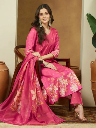 Pink Cotton Floral Print Anarkali Shape Suit Set with Chanderi Blend Dupatta