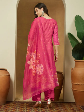 Pink Cotton Floral Print Anarkali Shape Suit Set with Chanderi Blend Dupatta
