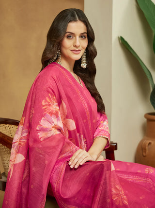 Pink Cotton Floral Print Anarkali Shape Suit Set with Chanderi Blend Dupatta