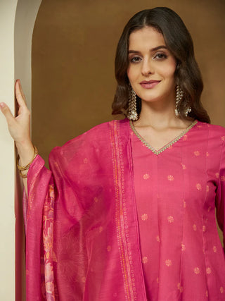Pink Cotton Floral Print Anarkali Shape Suit Set with Chanderi Blend Dupatta