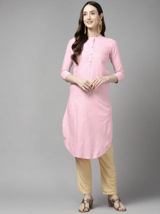 Pink Cotton Blend Straight Cut Striped Kurta