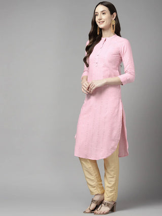 Pink Cotton Blend Straight Cut Striped Kurta