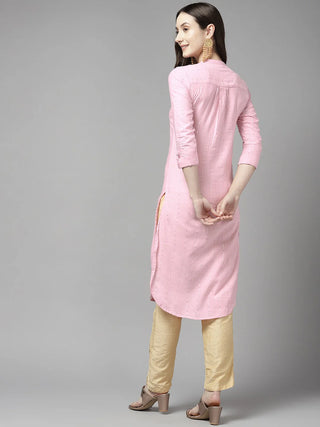 Pink Cotton Blend Straight Cut Striped Kurta