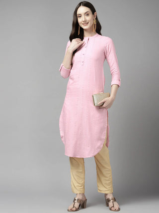 Pink Cotton Blend Straight Cut Striped Kurta