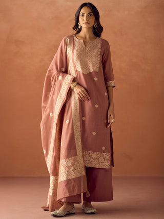 Pink Cotton Blend Jacquard Woven Suit Set with Organza Dupatta
