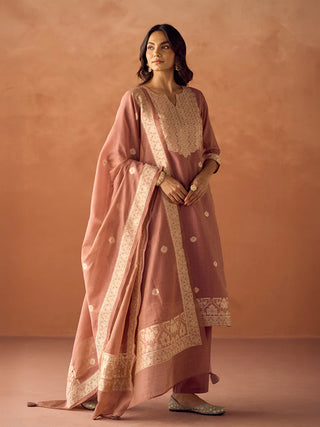 Pink Cotton Blend Jacquard Woven Suit Set with Organza Dupatta