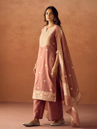 Pink Cotton Blend Jacquard Woven Suit Set with Organza Dupatta